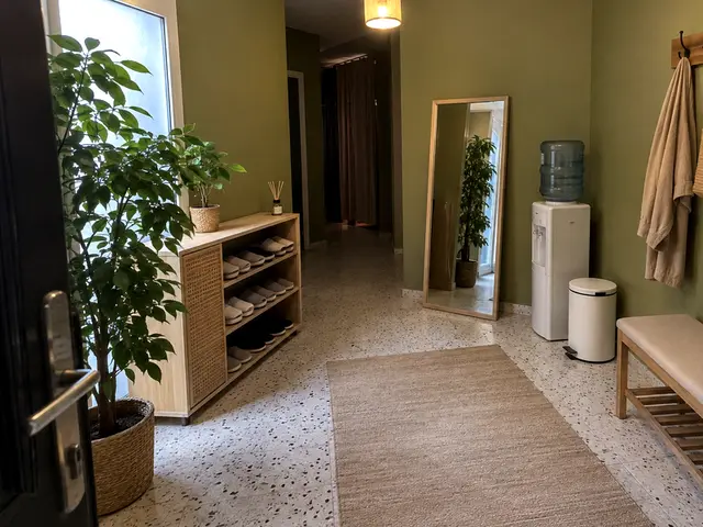 Bekleme alanı: bank, ayna, su sebili ve askılar — Aksaray, Masaj Salonun